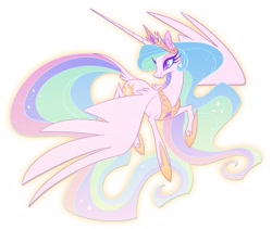 Size: 2665x2244 | Tagged: safe, artist:probablyfakeblonde, princess celestia, alicorn, pony, g4, crown, female, high res, hoof shoes, horn, jewelry, large wings, long horn, long mane, long tail, mare, peytral, regalia, simple background, slender, smiling, solo, spread wings, tail, thin, turned head, white background, wings