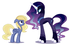 Size: 2133x1317 | Tagged: safe, artist:sinamuna, artist:stars-in-a-bottle, oc, oc only, oc:elagora elegance, oc:whirlygig nightlight, pegasus, pony, unicorn, base used, blonde hair, blue hair, collaboration, duo, eye contact, gem, glare, horn, looking at each other, looking at someone, magical lesbian spawn, next gen crossover, next generation, offspring, parent:derpy hooves, parent:nightmare rarity, parent:princess luna, parents:lunaderp, purple hair, simple background, striped mane, transparent background, wings
