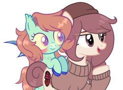 Size: 2140x1564 | Tagged: safe, artist:sinamuna, artist:strawberry-spritz, oc, oc only, oc:pidge, oc:slitterbug, bat pony, earth pony, pony, base used, bat pony oc, bat wings, beanie, blushing, brown hair, brown mane, clothes, collaboration, duo, ear tufts, female, filly, foal, hat, simple background, smiling, sweater, transparent background, wings, younger