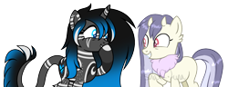 Size: 2408x928 | Tagged: safe, artist:catandcrowcreations, artist:sinamuna, oc, oc only, oc:gillyflower, oc:lithium night, demon, demon pony, pony, unicorn, base used, black hair, blue hair, body markings, collaboration, covering mouth, duo, grin, horns, leonine tail, neck fluff, purple hair, simple background, smiling, snickering, tail, transparent background