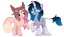 Size: 1841x1057 | Tagged: safe, artist:sinamuna, artist:traveleraoi, oc, oc only, oc:cinnamon fawn, oc:sapphire belle, clydesdale, pony, unicorn, base used, best friends, black hair, blue eyes, blue hair, brown hair, chinchilla pony, duo, eye contact, fluffy tail, glasses, hazel eyes, leonine tail, looking at each other, looking at someone, pink hair, simple background, smiling, tail, transparent background, unshorn fetlocks