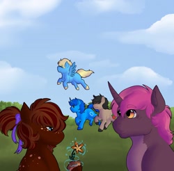 Size: 2048x2013 | Tagged: safe, artist:evesartspot124, oc, oc only, oc:"d", oc:cinnamon spice, oc:comet shard, oc:fruitsallad, oc:sky, earth pony, pegasus, pony, unicorn, 2023, aura, black mane, blonde, blue pony, blush lines, blushing, bow, brown mane, brown pony, cloud, earth pony magic, eye clipping through hair, eyebrows, eyebrows visible through hair, eyes closed, flower, flying, grass, hair bow, looking at each other, looking at someone, looking at something, looking down, magic, magic aura, open mouth, pink mane, raised hoof, running, sky, smiling, spread wings, walking, wings