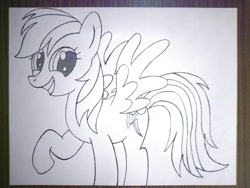 Size: 4608x3456 | Tagged: safe, artist:iamaveryrealperson, photographer:iamaveryrealperson, rainbow dash, pegasus, pony, g4, 2021, art dump, female, lineart, looking at someone, looking at something, looking offscreen, mare, monochrome, paper, raised hoof, smiling, spread wings, teeth, traditional art, wings