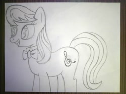 Size: 4608x3456 | Tagged: safe, artist:iamaveryrealperson, photographer:iamaveryrealperson, octavia melody, earth pony, pony, g4, 2021, art dump, female, looking at someone, looking at something, looking offscreen, mare, monochrome, paper, pencil drawing, sketch, smiling, teeth, traditional art