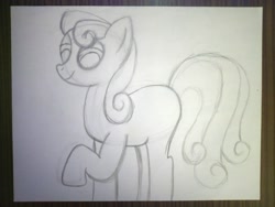 Size: 4608x3456 | Tagged: safe, artist:iamaveryrealperson, photographer:iamaveryrealperson, bon bon, sweetie drops, earth pony, pony, g4, 2021, art dump, female, looking at something, looking down, mare, missing cutie mark, monochrome, paper, pencil drawing, raised hoof, sketch, smiling, traditional art, unfinished art