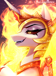 Size: 2163x2912 | Tagged: safe, artist:opal_radiance, daybreaker, alicorn, pony, g4, bust, female, fire, lidded eyes, mare, open mouth, open smile, portrait, smiling, solo