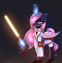 Size: 2800x2840 | Tagged: safe, artist:opal_radiance, oc, oc only, oc:harbinger, changeling, armband, changeling oc, clothes, commission, crossover, glowing, glowing horn, holeless, horn, levitation, lightsaber, magic, necktie, royal guard, solar empire, solo, star wars, telekinesis, uniform, vgen, weapon