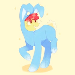 Size: 1280x1280 | Tagged: safe, artist:qozuwo, apple bloom, earth pony, pony, g4, animal costume, bunny bloom, bunny costume, clothes, costume, female, filly, foal, grin, raised leg, simple background, smiling, solo, stars, yellow background