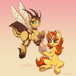 Size: 2000x2000 | Tagged: safe, artist:inowiseei, oc, oc only, oc:bee berry, oc:cinderheart, bee pony, original species, pony, unicorn, duo, duo female, female, food, gradient background, honey, mare, pancakes, simple background