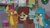 Size: 2000x1125 | Tagged: safe, edit, edited screencap, editor:quoterific, screencap, gallus, ocellus, smolder, yona, g4, the hearth's warming club, bookshelf, bow, gallus is not amused, hair bow, lights, ocellus is not amused, present, school of friendship, size difference, smolder is not amused, string lights, unamused, wreath, yona is not amused