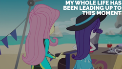 Size: 2000x1125 | Tagged: safe, edit, edited screencap, editor:quoterific, screencap, fluttershy, rarity, equestria girls, g4, my little pony equestria girls: better together, too hot to handle, clothes, female, fluttershy's wetsuit, swimsuit, wetsuit