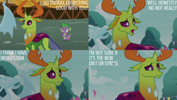 Size: 2000x1125 | Tagged: safe, edit, edited screencap, editor:quoterific, screencap, spike, thorax, changedling, changeling, g4, triple threat, king thorax, ponyville town hall