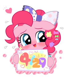 Size: 728x822 | Tagged: safe, artist:momo, pinkie pie, earth pony, pony, g4, blushing, bow, cute, hair bow, hairclip, harajuku, holding sign, simple background, solo, sweat, white background