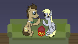 Size: 1920x1080 | Tagged: safe, artist:platinumdrop, derpy hooves, doctor whooves, time turner, earth pony, pegasus, pony, g4, box of chocolates, chocolate, commission, couch, duo, eating, female, food, happy, heart shaped, hoof hold, male, puffy cheeks, ship:doctorderpy, shipping, sitting, smiling, straight