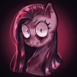 Size: 2048x2048 | Tagged: safe, artist:kinokoo_san, pinkie pie, earth pony, pony, g4, bloodshot eyes, bust, pinkamena diane pie, shrunken pupils, solo