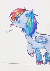 Size: 1446x2048 | Tagged: safe, artist:kinokoo_san, rainbow dash, pegasus, pony, g4, :p, bleh, ears back, raised hoof, raspberry, simple background, solo, tongue out, traditional art, white background