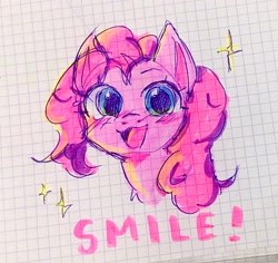 Size: 1733x1639 | Tagged: safe, artist:kinokoo_san, pinkie pie, earth pony, pony, g4, bust, colored sketch, graph paper, open mouth, open smile, sketch, smiling, solo, sparkles, traditional art