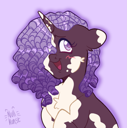 Size: 1215x1221 | Tagged: safe, artist:nullkunstt, violette rainbow, pony, unicorn, g5, blush scribble, blushing, bust, chest fluff, dreadlocks, female, filly, foal, hair over one eye, open mouth, open smile, signature, smiling, solo, vitiligo