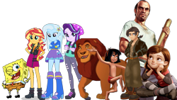 Size: 4000x2250 | Tagged: safe, artist:floppychiptunes, artist:imperfectxiii, edit, edited screencap, editor:cutler1228, screencap, starlight glimmer, sunset shimmer, trixie, equestria girls, g4, background removed, bolt, boots, clothes, female, grand theft auto, gta v, high heel boots, hoodie, jacket, jim hawkins, low effort, mowgli, mufasa, not a vector, penny forrester, shirt, shoes, simple background, skirt, solo, spongebob squarepants, the jungle book, the lion king, transparent background, treasure planet, trevor philips