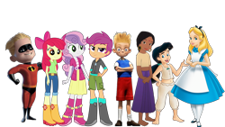 Size: 3750x2110 | Tagged: safe, artist:masem, edit, editor:cutler1228, apple bloom, melody, scootaloo, sweetie belle, bee, bumblebee, equestria girls, g1, g4, alice, alice in wonderland, dash parr, female, lewis robinson, low effort, meet the robinsons, shanti, simple background, solo, the incredibles, the jungle book, the little mermaid, transparent background