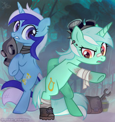 Size: 1280x1359 | Tagged: safe, artist:syrikatsyriskater, lyra heartstrings, minuette, pony, unicorn, g4, alternate universe, bag, bandage, bandaid, bandaid on nose, bipedal, boots, bottle, clothes, duo, duo female, ear piercing, earring, female, gas mask, goggles, goggles on head, gritted teeth, infection, infection au, jewelry, mask, open mouth, piercing, scar, scared, scarf, shoes, teeth, torn ear, tree, virus, wrench