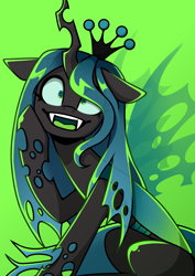 Size: 2894x4093 | Tagged: safe, artist:jellysketch, queen chrysalis, changeling, changeling queen, g4, concave belly, cross-eyed, cute, cutealis, derp, fangs, green background, looking at you, open mouth, open smile, simple background, smiling, solo, thin