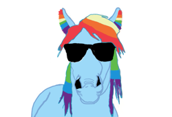 Size: 527x360 | Tagged: safe, artist:taidanastrike, edit, rainbow dash, horse, g4, ear fluff, hoers, irl, irl horse, looking at you, missing cutie mark, photo, recolored hoers, simple background, solo, sunglasses, white background, wingless