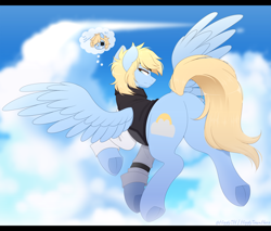 Size: 2000x1700 | Tagged: safe, artist:higglytownhero, oc, oc only, oc:blue skies, pegasus, pony, butt, button-up shirt, chibi, clothes, cloud, dress shirt, eyepatch, flying, looking at you, looking back, looking back at you, male, nice, plot, profile, raised hoof, rear view, resting bitch face, scary face, shirt, sky, solo, spread wings, stallion, thought bubble, vest, wings