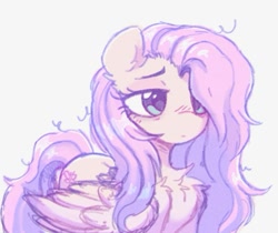Size: 569x479 | Tagged: safe, artist:flixanoa, fluttershy, pegasus, pony, g4, blushing, chest fluff, ear fluff, female, folded wings, frown, lidded eyes, mare, messy mane, simple background, solo, white background, wings
