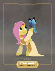 Size: 2552x3300 | Tagged: safe, artist:prixy05, fluttershy, butterfly, pegasus, pony, g4, carrier butterfly, female, gray background, jedi, lightsaber, lineless, mare, simple background, solo, star wars, star wars: the high republic, weapon