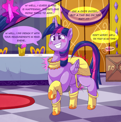 Size: 2859x2898 | Tagged: safe, artist:graphenescloset, artist:sirmasterdufel, twilight sparkle, alicorn, pony, series:twilight h&h blorp program, g4, blushing, checkered floor, clothes, collaboration, dialogue, implied tail hole, incentive drive, magic, socks, tail, this will end in weight gain, twilight sparkle (alicorn), weight gain sequence