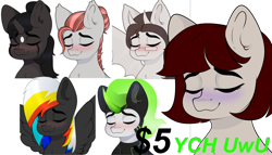 Size: 3500x2000 | Tagged: safe, artist:zarioly, oc, oc:alruna moonrise, oc:darky wings, oc:disigma, oc:draconis taaldis, pegasus, pony, unicorn, commission, eyes closed, horn, pegasus oc, spread wings, sticker, unicorn oc, wings, ych example, your character here