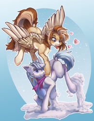 Size: 2400x3100 | Tagged: safe, artist:kirby_orange, double diamond, oc, pegasus, pony, chest fluff, cute, duo, duo focus, ear fluff, female, fluffy, gradient background, high res, holiday, looking at each other, looking at someone, male, pegasus oc, pony oc, simple background, snow, snowflake, stallion, two toned mane, valentine's day