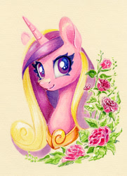 Size: 725x1000 | Tagged: safe, artist:maytee, princess cadance, alicorn, pony, g4, bust, female, flower, looking at you, mare, peytral, portrait, rose, smiling, smiling at you, solo, traditional art