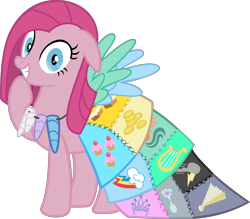 Size: 9573x8390 | Tagged: safe, artist:magister39, artist:retroponybro, edit, pinkie pie, earth pony, pony, fanfic:cupcakes, g4, base used, carrot cake's cutie mark, clothes, cup cake's cutie mark, cutie mark dress, diamond tiara's cutie mark, dress, female, floppy ears, grin, hoity toity's cutie mark, horn, horn necklace, insanity, looking at you, mare, necklace, pinkamena diane pie, rainbow dash's cutie mark, severed horn, silver spoon's cutie mark, simple background, smiling, smiling at you, thunderlane's cutie mark, transparent background, vector