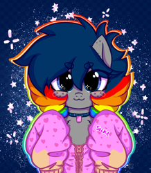 Size: 1150x1318 | Tagged: safe, artist:nyansockz, oc, oc only, oc:poptart, earth pony, abstract background, checkered background, choker, clothes, earth pony oc, front view, gradient background, nyan cat, oversized clothes, solo