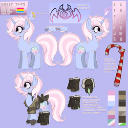 Size: 2000x2000 | Tagged: safe, artist:nyansockz, oc, oc only, oc:sweet tooth, pony, unicorn, ashes town, fallout equestria, eyeshadow, fallout equestria oc, heart, heart eyes, makeup, reference sheet, tattoo, weapon, wingding eyes