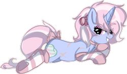 Size: 863x504 | Tagged: safe, artist:nyansockz, oc, oc only, oc:sweet tooth, unicorn, clothes, heart, heart eyes, horn, looking at you, lying down, simple background, smug, socks, striped socks, transparent background, unicorn oc, wingding eyes