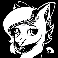 Size: 1800x1800 | Tagged: safe, artist:poxy_boxy, oc, oc only, pony, black and white, bow, ear piercing, earring, grayscale, hair bow, jewelry, monochrome, piercing, signature, smiling, solo, vector
