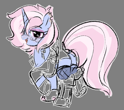 Size: 1000x890 | Tagged: safe, artist:nyansockz, oc, oc only, oc:sweet tooth, pony, unicorn, ashes town, fallout equestria, armor, butt, clothes, colored sketch, doodle, fallout equestria oc, fishnet stockings, gray background, heart, heart eyes, looking at you, looking back, looking back at you, plot, simple background, sketch, solo, wingding eyes