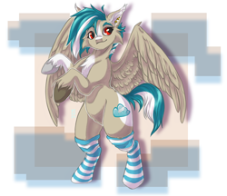 Size: 4566x3940 | Tagged: safe, artist:hornyshorttail, oc, oc only, oc:straw cloud, pegasus, pony, abstract background, clothes, colored hooves, cute, ear piercing, female, pegasus oc, piercing, socks, solo, spread wings, striped socks, wings