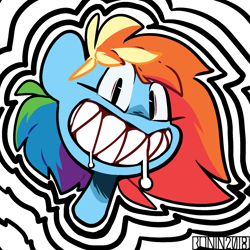 Size: 2000x2000 | Tagged: safe, artist:ronin20181, rainbow dash, pegasus, pony, g4, bust, female, high res, looking at you, mare, portrait, sharp teeth, signature, simple background, smiling, smiling at you, solo, teeth, toothy grin, wat, white background