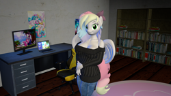 Size: 2560x1440 | Tagged: safe, artist:tbsfm27, oc, oc only, oc:blazey sketch, pegasus, anthro, 3d, big breasts, bookshelf, breasts, busty oc, cleavage, clothes, computer, denim, jeans, pants, room, solo, source filmmaker, sweater
