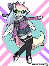 Size: 1536x2048 | Tagged: safe, artist:drawfriend, oc, oc only, oc:blazey sketch, pegasus, anthro, clothes, green eyes, long hair, multicolored hair, pegasus oc, shorts, simple background, socks, solo, sweater, thigh highs