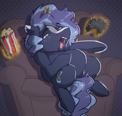 Size: 2244x2144 | Tagged: safe, artist:witchtaunter, oc, oc:witching hour, pony, unicorn, chair, controller, couch, faic, fat, food, laughing, magic, male, popcorn, sitting, stallion