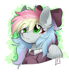 Size: 4393x4614 | Tagged: safe, artist:lunylin, oc, oc only, oc:blazey sketch, pegasus, pony, absurd resolution, bow, bust, clothes, female, green eyes, hair bow, mare, multicolored hair, pegasus oc, portrait, simple background, solo, sweater