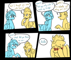 Size: 1885x1608 | Tagged: safe, artist:smirk, rainbow dash, spitfire, pegasus, pony, g4, ..., blush lines, blushing, comic, dialogue, duo, embarrassed, facehoof, female, implied soarin', innuendo, mare, misunderstanding, oof, partial color, simple background, speech bubble, towel, white background