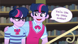 Size: 827x466 | Tagged: safe, artist:orin331, sci-twi, twilight sparkle, human, equestria girls, g4, :/, bookshelf, bowtie, clothes, dialogue, dusk shine, equestria guys, geode of telekinesis, glasses, hand on shoulder, library, magical geodes, male, obtrusive watermark, open mouth, open smile, rule 63, sci-dusk, self paradox, smiling, speech bubble, sweater vest, text, unamused, watermark