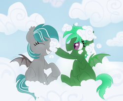 Size: 1206x996 | Tagged: safe, artist:sparjechkaa, oc, oc only, oc:malachite cluster, oc:poni, bat pony, pony, bat pony oc, boop, cloud, commission, duo, on a cloud, smiling, spread wings, wings, ych result
