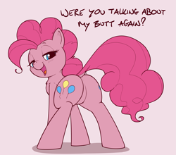 Size: 4021x3545 | Tagged: safe, artist:whiskeypanda, pinkie pie, earth pony, pony, g4, /mlp/, balloonbutt, bedroom eyes, blush lines, blushing, bronybait, butt, dialogue, featureless crotch, female, looking at you, looking back, looking back at you, open mouth, open smile, plot, presenting, simple background, smiling, solo